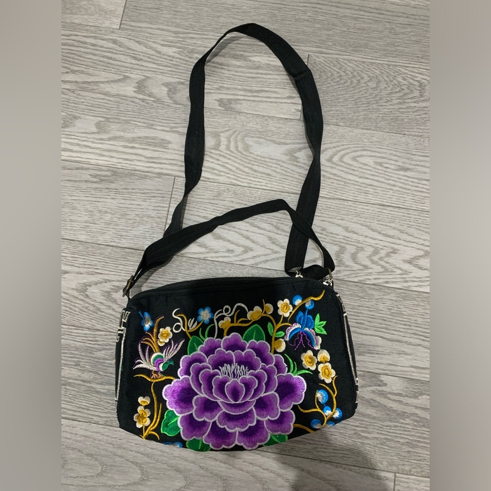 New Embroidered Floral Black Mini Canvas-Crossbody Bag Purse
